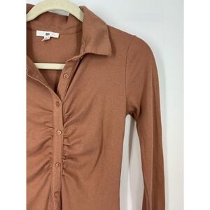 BP Brown Ribbed Knit Button Front Shirt Dress Size S Ruched Collared Minimalist